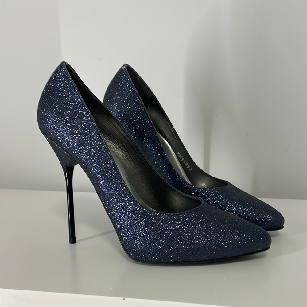 Stuart Weitzman Evedagger Metal Cigarette Stiletto Heels with Glitter Finish